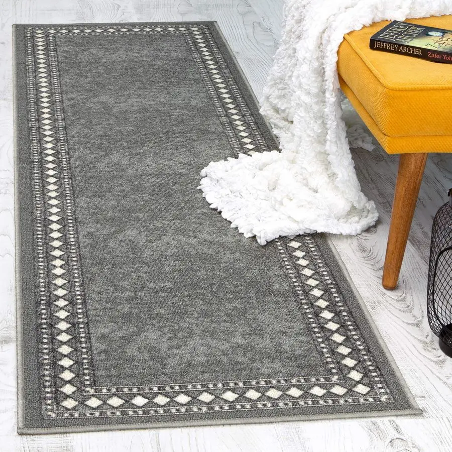 

Alfombras Modern Bordered 2x7 NonSkid NonSlip Low Profile Pile Rubber Backing Indoor Area Runner Rugs Gray, 2 x 7