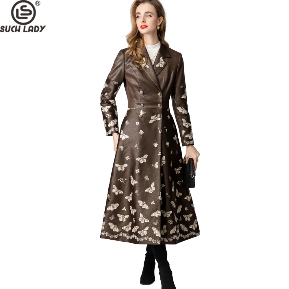 Women's Coat Elegant Chocolate Brown Sequin Embroidered Butterfly Motif Trench with Double Breasted Notched Collar Outerwear