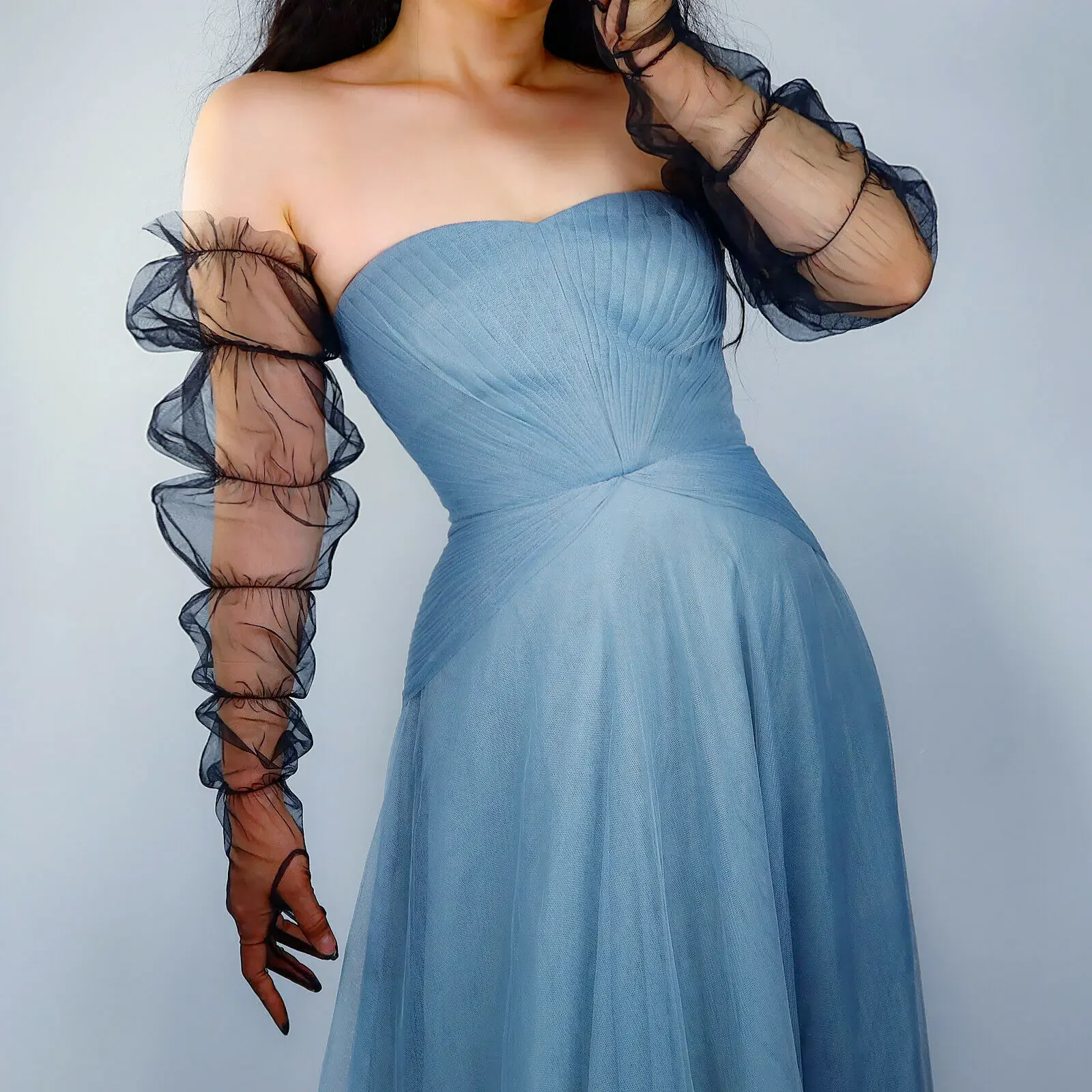 Black Lace Tulle Polka Dot Gloves Oversize PUFF SLEEVES Elastic 85cm Extra Long Semi Sheer TECH Evening Dressing Dancing Glove
