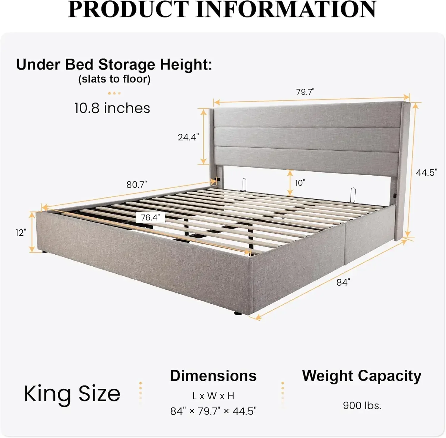 SHA CERLIN King Size Lift-Up Storage Bed: Modern Wingback Headboard, Upholstered Platform Frame, Hydraulic Storage, Light Beige