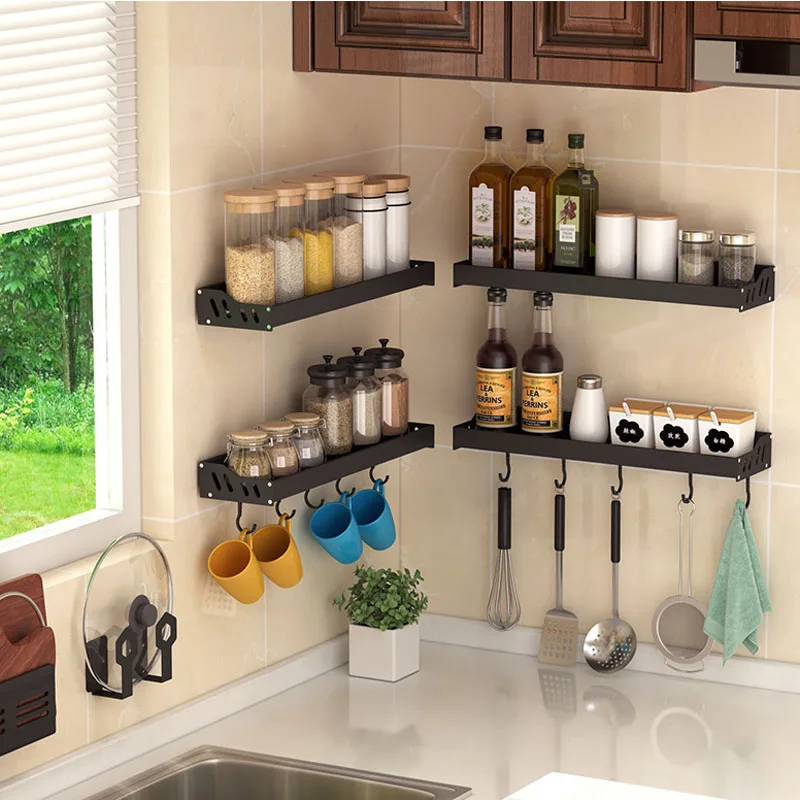 Kitchen Cutlery Organizer Wall Mounted Dish Storage Rack Black Aluminium Knife Holder Seasoning Box Container Hooks Tooks Racks