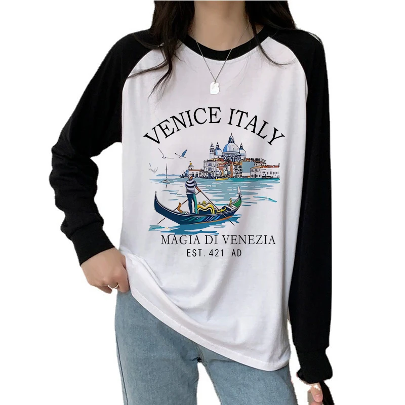 

90s Vintage Rome Italy Print Shirt Funny All Seasons T Shirt Women's Casual Long Sleeve T-Shirt Crew Neck Tops Tees Y2k Tshirt