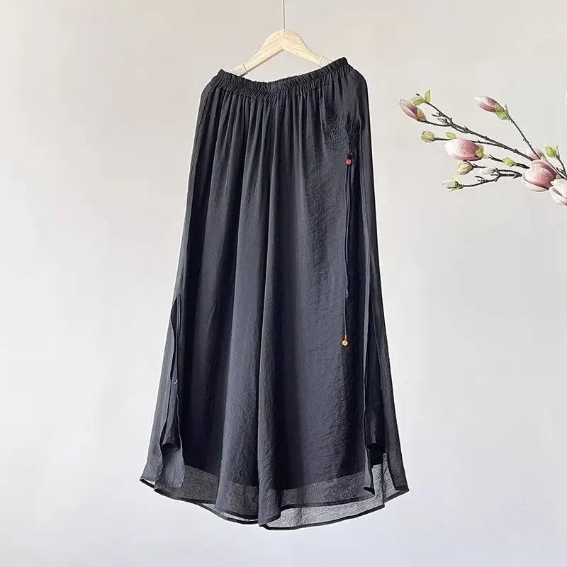 Damen bekleidung 2024 Sommer Vintage elegante ethnische Stil Stickerei weites Bein Hosen weibliche geteilte hohe Taille übergroße Hose