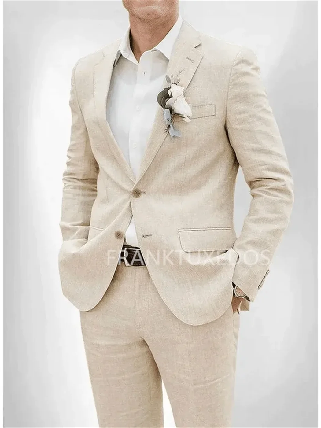 2 Pieces Beige Linen Men Wedding Tuxedos Slim Fit Men Suits Notched Lapel Two Buttons Jacket with Pants Casual Set for Summer