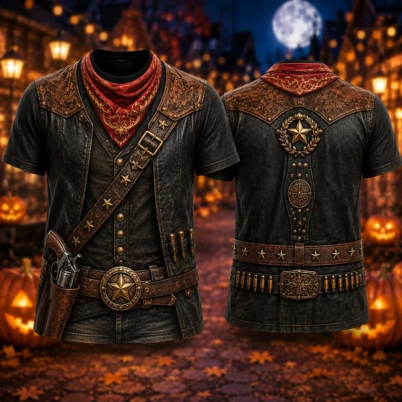 Men 3D Optical Illusion Pirate Print T‑Shirt Fake Leather Vest Muscle Tattoo Graphic Short Sleeve Tee Halloween Cosplay Party