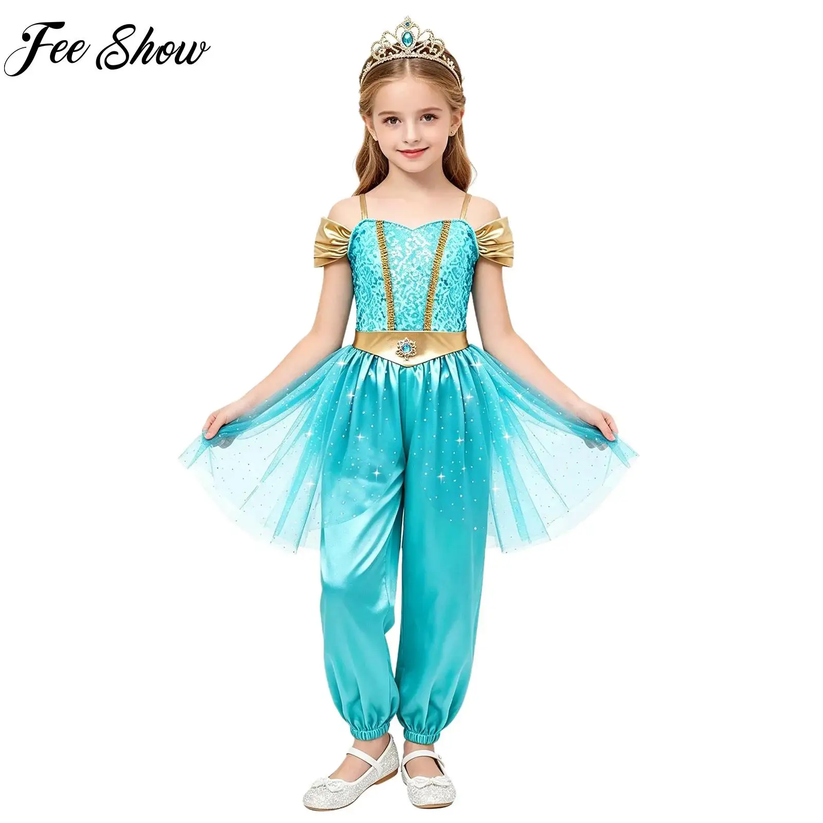 Girls Arabian Princess Costume Jumpsuit Belly Dancewear Sequin Bodice Tulle Skirted One-piece for Halloween Dress-up Theme Party