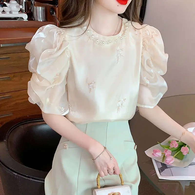 

2026 Summer Women Blouse Nail Bead Fashion Embroidered Short Sleeved Chiffon Shirt New Item Bubble Sleeve Round Neck Shirt Top