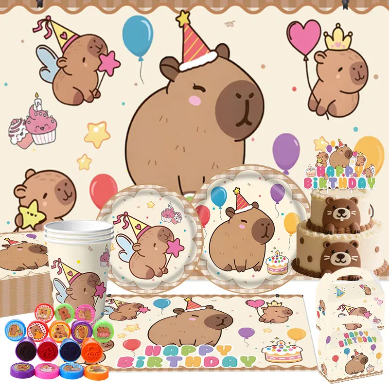 Capybara Birthday Decoration Party Tableware Plates Cups Napkins Tablecloth Cake Topper Backdrop Balloon Party Supplies for Kids