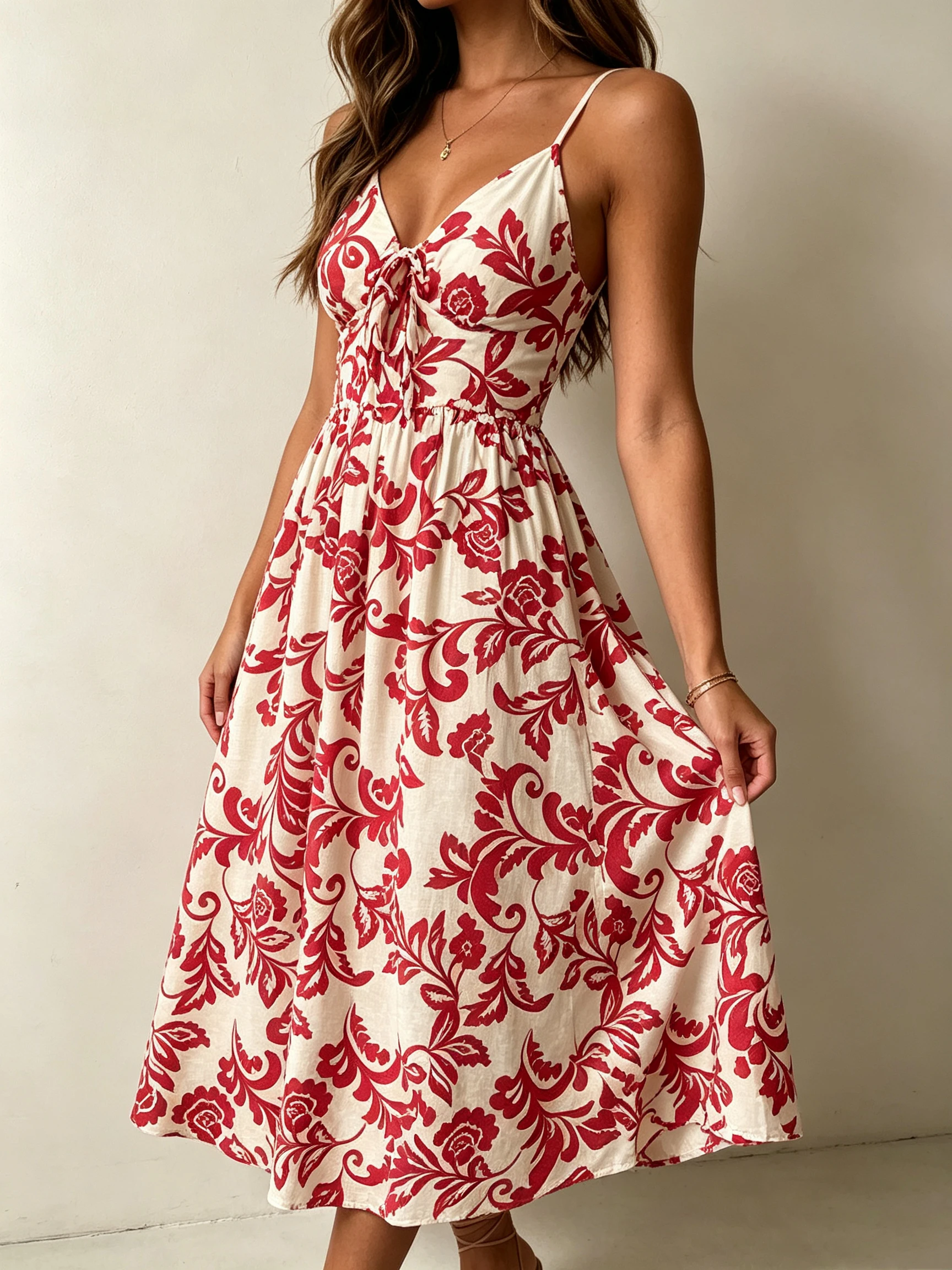 Women Spaghetti Strap Maxi Dress, Faux Linen Rayon Fabric, Soft Comfortable Botanical Print Long Dress - view 3