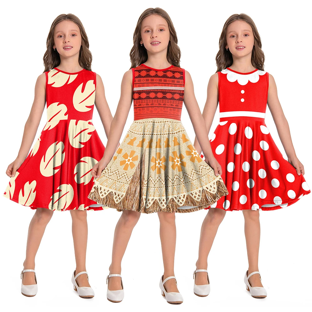 

Summer Kid Casual Dress Maple Leaf 3D Digital Sleeveless Printing Dress for Girl Cute White Dot Red Dress Birthday Party Gift