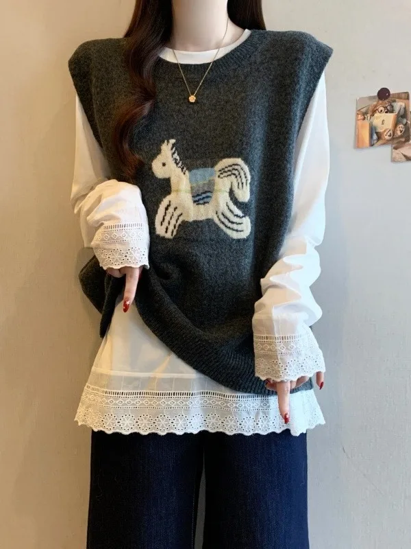 

plus Size Knitted Sweater Set Women's Long Sve Casual Sle Soft Cotton Blend Animal Pattern White irt Two Piece Set