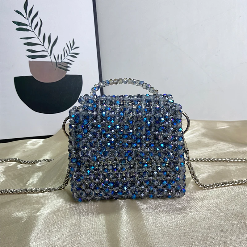 Blue Crystal Bead Shiny Wholesale Glass Bead Top-Handle Bags Customized Wholesale Box Totes Handbag Party Small Bucket Purse