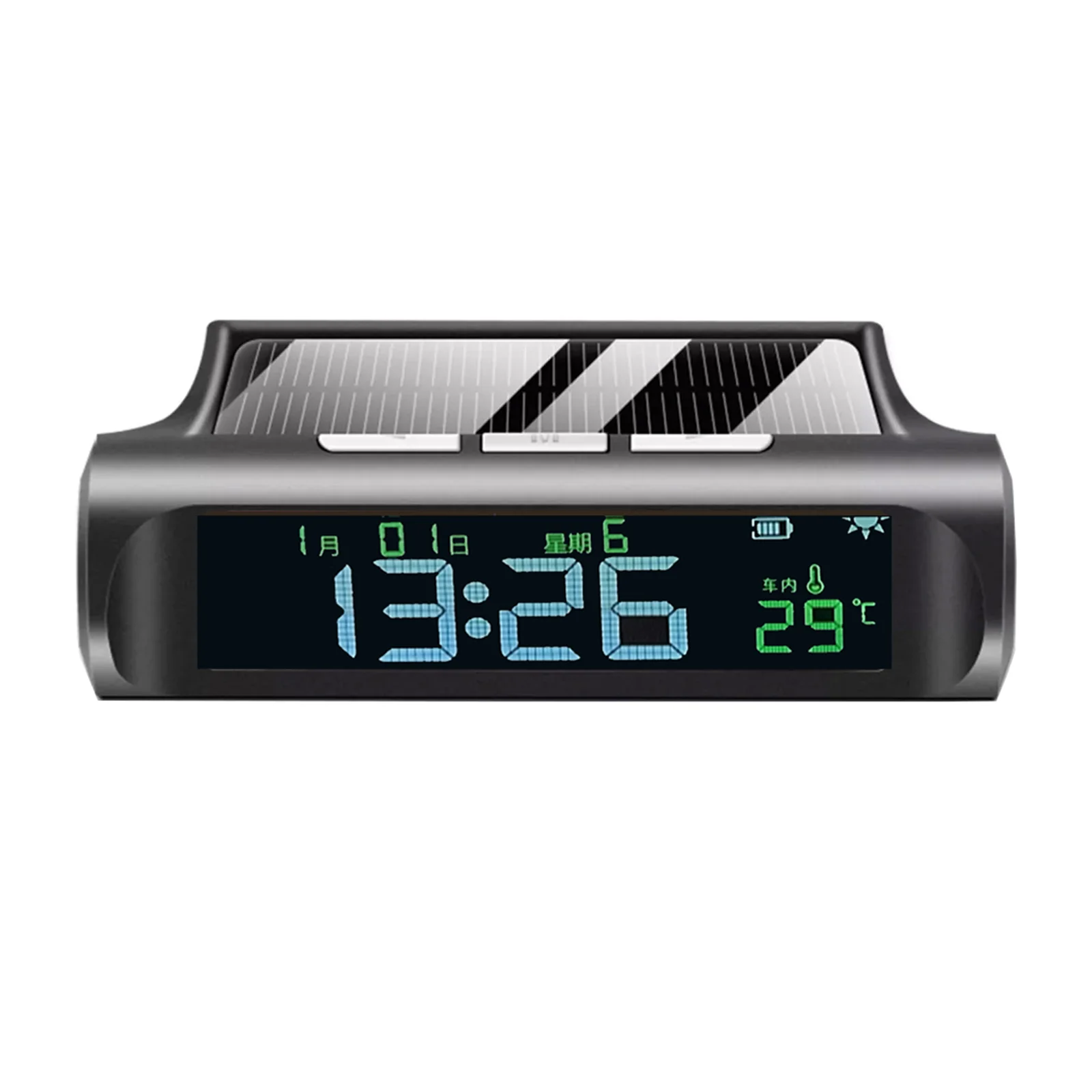 Solar Car Digital Clock Thermometer Auto Power On Off Time Date Week Temperature Monitor for Vehicle Dashboard Long Standby