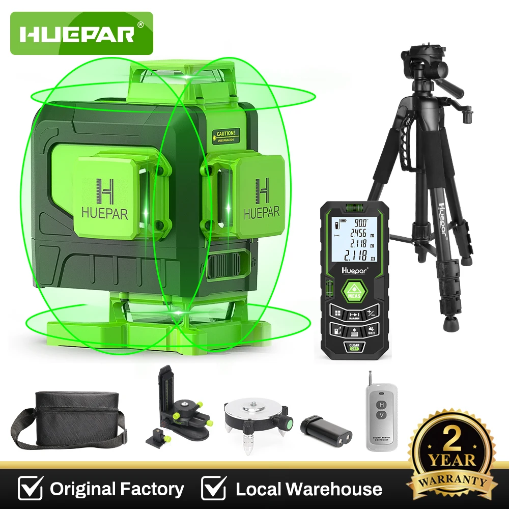 Livella Laser Huepar 4D a 16 Linee 360° ° Laser Verde Autolivellante ad Alta Precisione con Treppiede e Telemetro per Edilizia