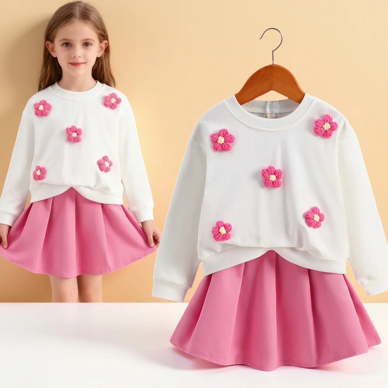 

2025 2pcs Baby Girls' Long Sleeve Shirt Top Blouse + Pink Pleated Skirt Set Spring and Autumn Outfits Kids Clothing Korea Style