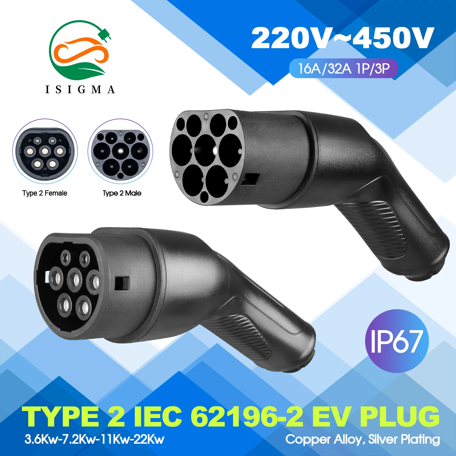 ISIGMA EV Charger Adapter 16A/32A Three Phase Type2 Male Plug  Female IEC62196-2 Convertor For Electric Car 11KW 22KW Vehicle