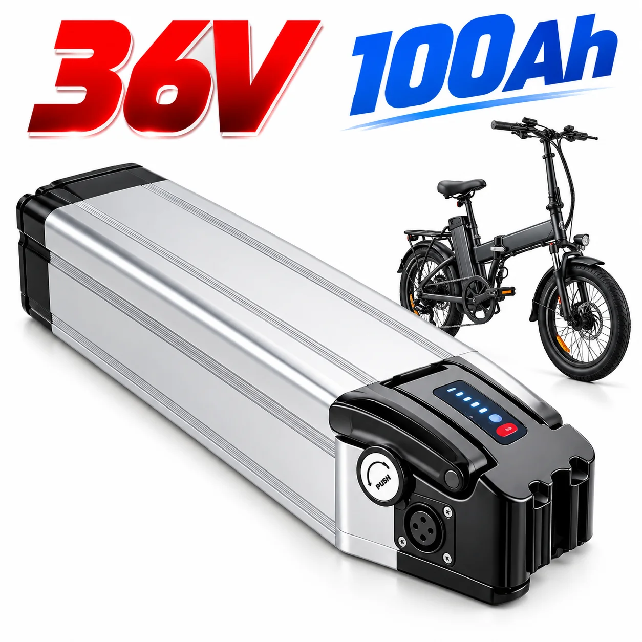 36V Silver Fish E-bike Battery High Power 18650 Lithium Cells Anti-theft Lock IP65 Waterproof LED Power Display 20Ah to 100Ah