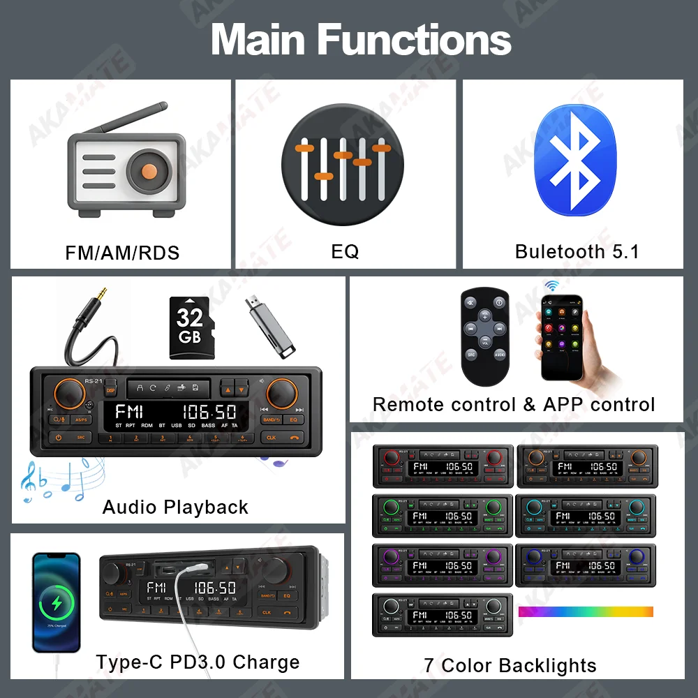1 Din MP3 Autoradio im Retro-Stil Bluetooth 5.1 AUX FM AM RDS EQ QC3.0 Sprachsteuerung 12V Multimedia-Stereo-Haupteinheit USB TF-Player – Detail 4