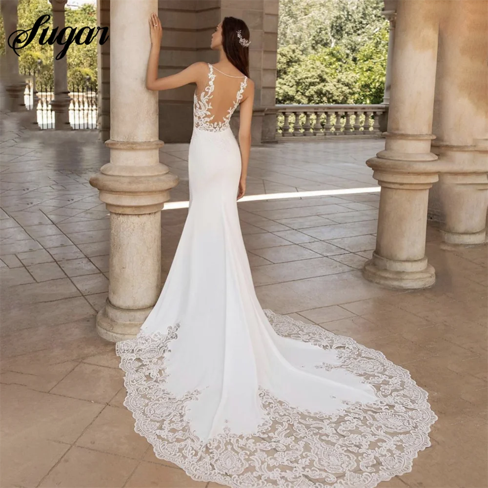 Abiti da sposa a sirena con scollo a v con strascico lungo 2023 Appliques in pizzo elegante abito da sposa per donna senza maniche senza schienale