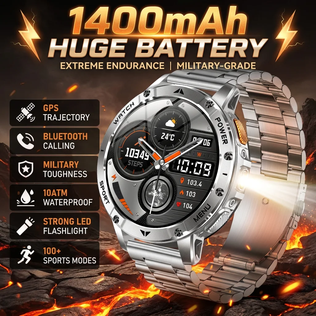 2026 New TANK Ultra Smart Watch Men 1400mAh Military Grade Bluetooth Call 10ATM Waterproof LED Flashlight SOS GPS Smart Watches