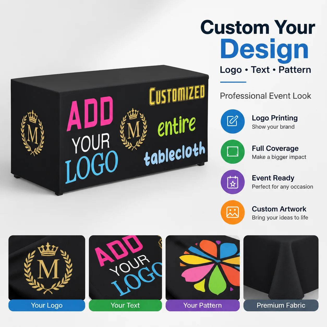 FAST!Customizable 6ft Table Cover Free Design Service Tailored Tablecloth for Events And Parties