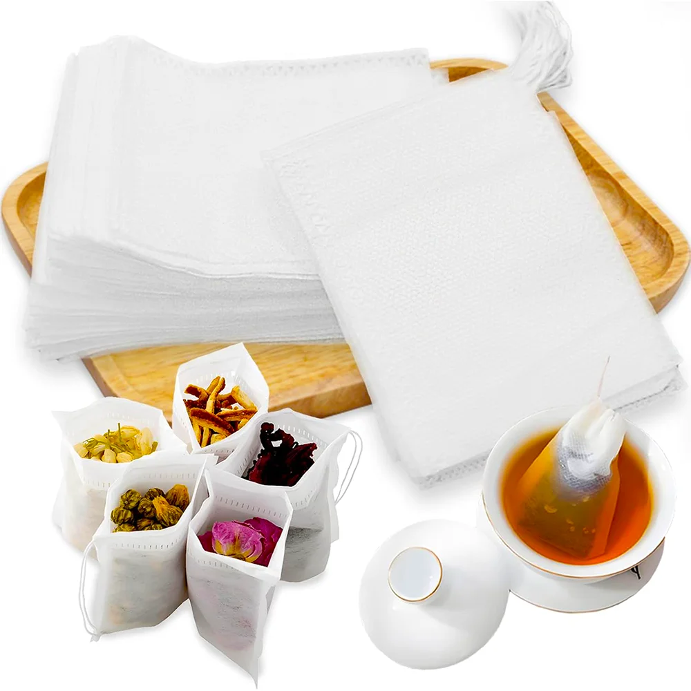 Sacs filtrants à thé jetables, 3000 à 100 pièces, avec cordon de serrage, sachet de thé parfumé vide, filtre à café, sac en maille pour café, herbe, thé en vrac