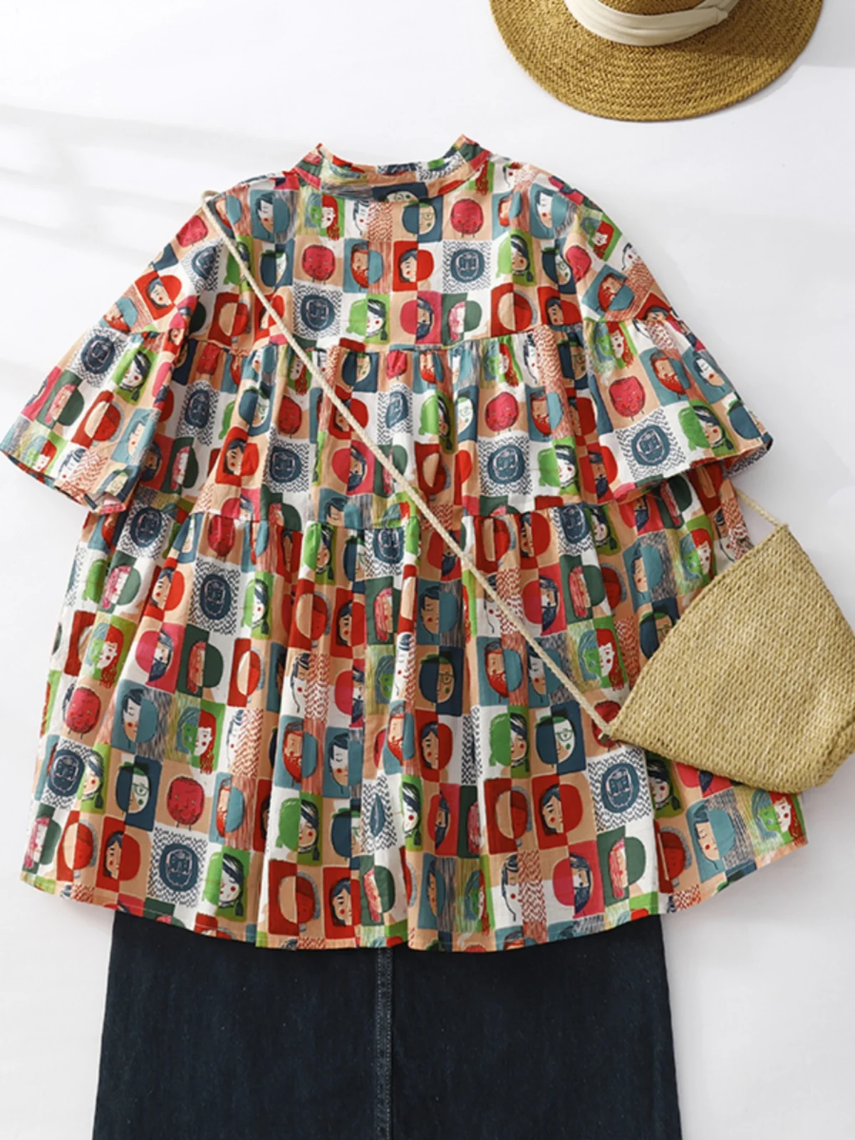 Doodle fiti ort Sve irt Thin Cotton Polyester A-Line Doll Print Button up Women's Casual Summer irt 2023