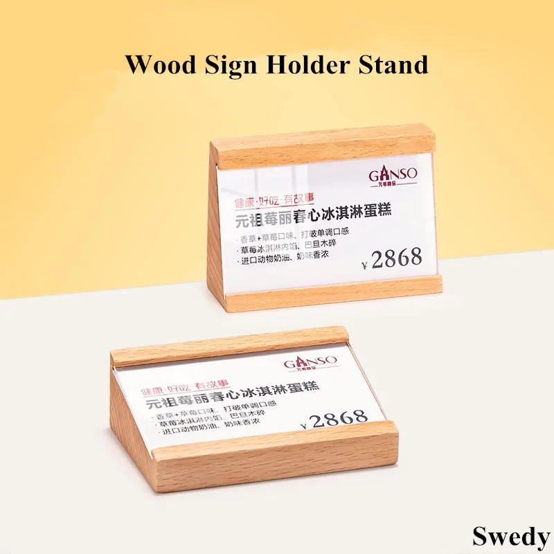 

90x54mm Wooden Acrylic Sign Holder Display Stand Desktop Table Price Label Card Tag Holder Photo Picture Poster Frame