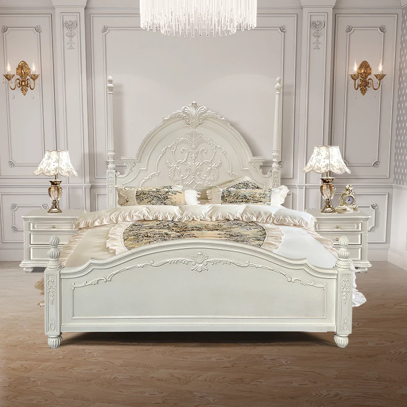 سرير مزدوج فرنسي عتيق من الخشب الصلب الأمريكي المنحوت على شكل زهرة سرير الأميرة بطول 1.8 متر سرير على طراز المحكمة الأوروبية بطول 2 متر للزواج