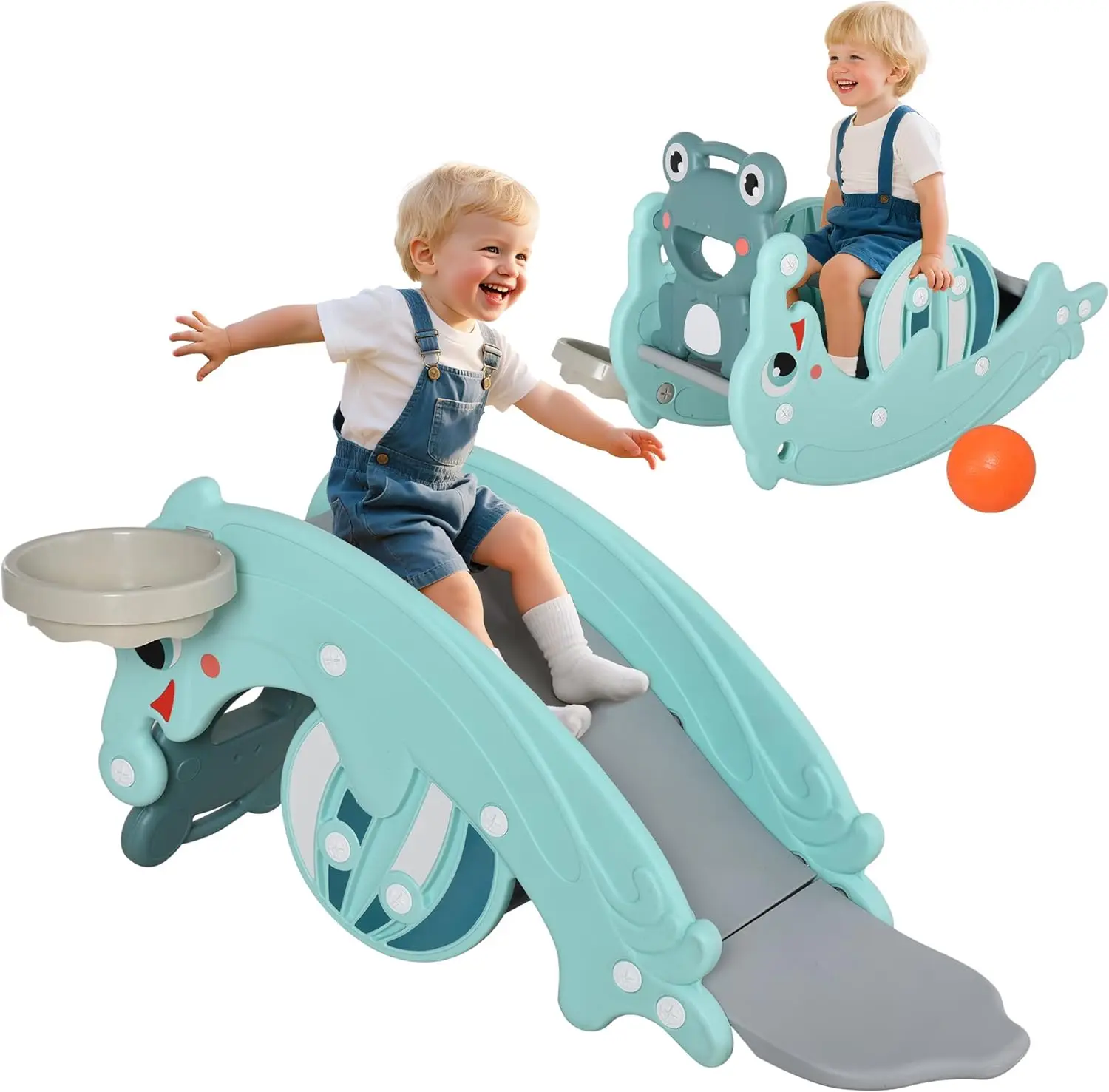 

3-in-1 Kids Portable Slide Rocking Horse Toy with Basketball Hoop for Age 1.5-3, Mint Green