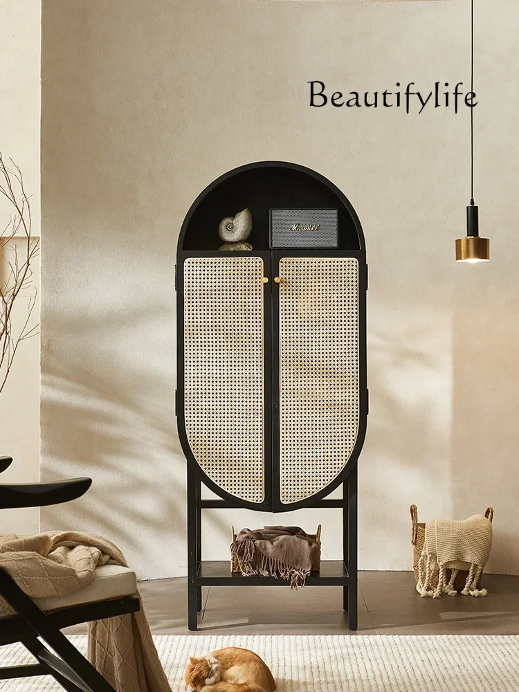 

Nordic wabi-sandy wind solid wood locker household living room simple rattan display cabinet
