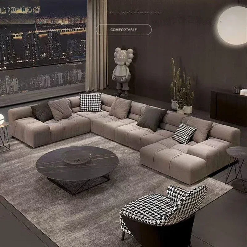Modern simple living room small apartment Italian minimalist matte fabric puff sofa tofu block technology cloth sofa
