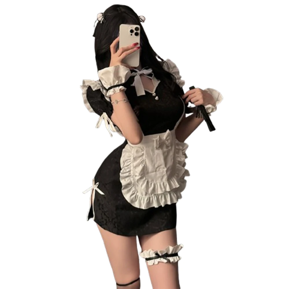 Women Classic Maid Cosplay Costume Set Black & White Lolita Style Dress with Apron & Accessories for Anime Fans & Themed Parties