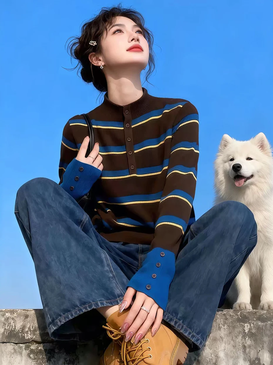

Korean Style Striped Sweater Half High Collar Women's Autumn Winter Slim Fit Inner Wear Top Fashionable Polyester Fiber