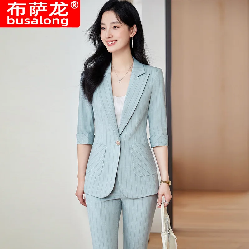 Casual Thin Striped Suit Women's Spring and SummerOLBusiness Temperament Goddess Temperament Fashion High Sense Mid-Sleeve Suit