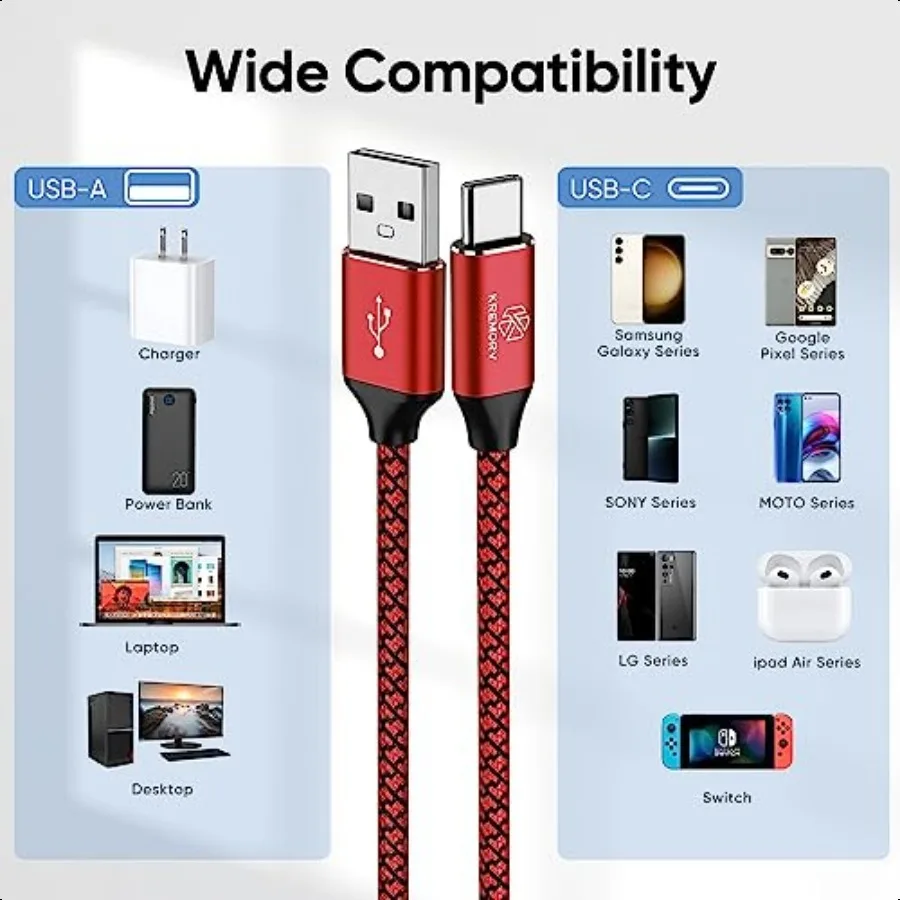 USB نوع C كابل 5 حزمة 10ft USB A إلى نوع C كابل 10 أقدام اضافية طويلة شحن سريع نوع C الحبل شاحن الهاتف لسامسونج غالاكسي