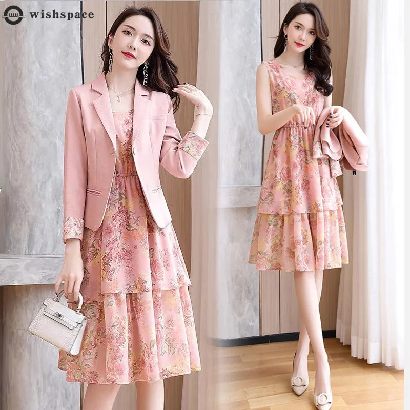 

2022 New Korean Suit Dress Two-piece Set Elegant Women's Fashion Temperament Spring and Summer Printed Skirt Set