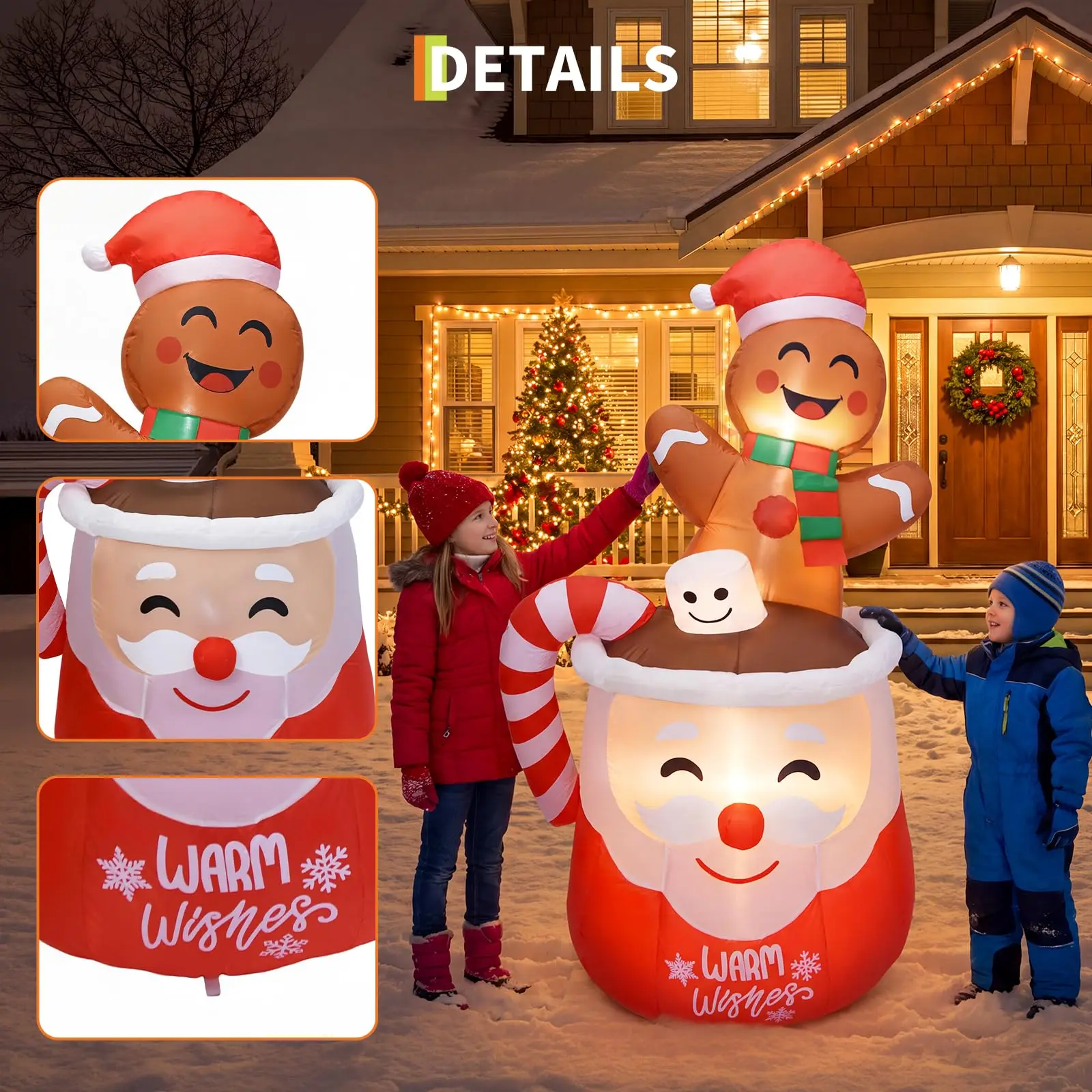 6 Ft Christmas Gingerbread Inflatable With LEDs, Blow Up Hot Cocoa Mug, Yard Decoration, Warm Wishes Sign For Lawn Garden Patio Decor 3