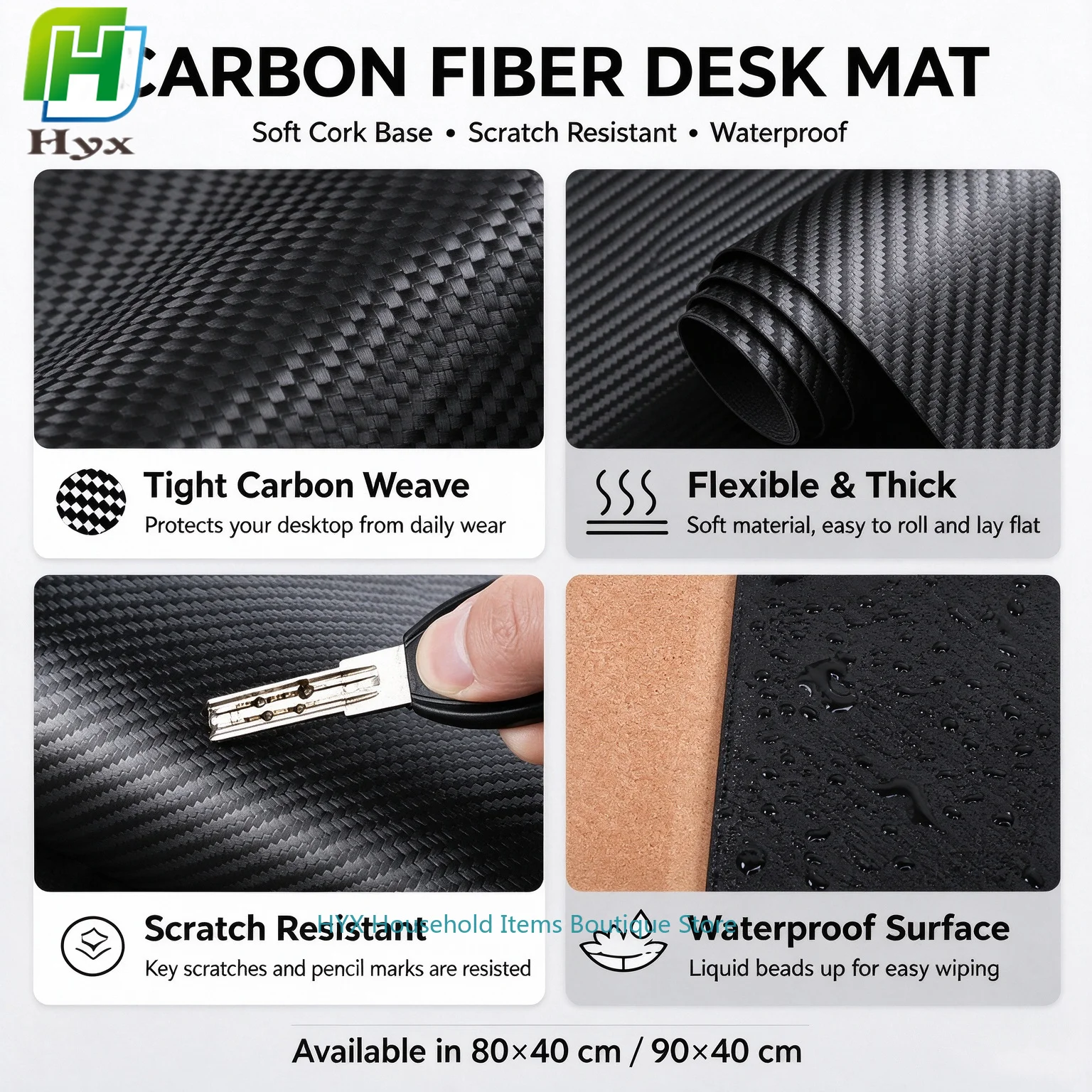 Carbon Fiber Textured Desk Mat Cork Back Double Sided Large Mousepad Waterproof Wear Resistant Table Pad for PC Gaming Office