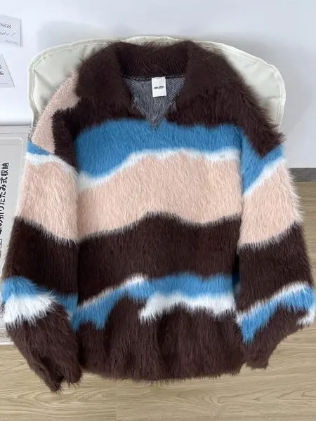 

Retro American Color Blo V Ne Sweater Loose Lazy Sle Women's Faion Knitted Top Winter Casual Striped ex Knitwear