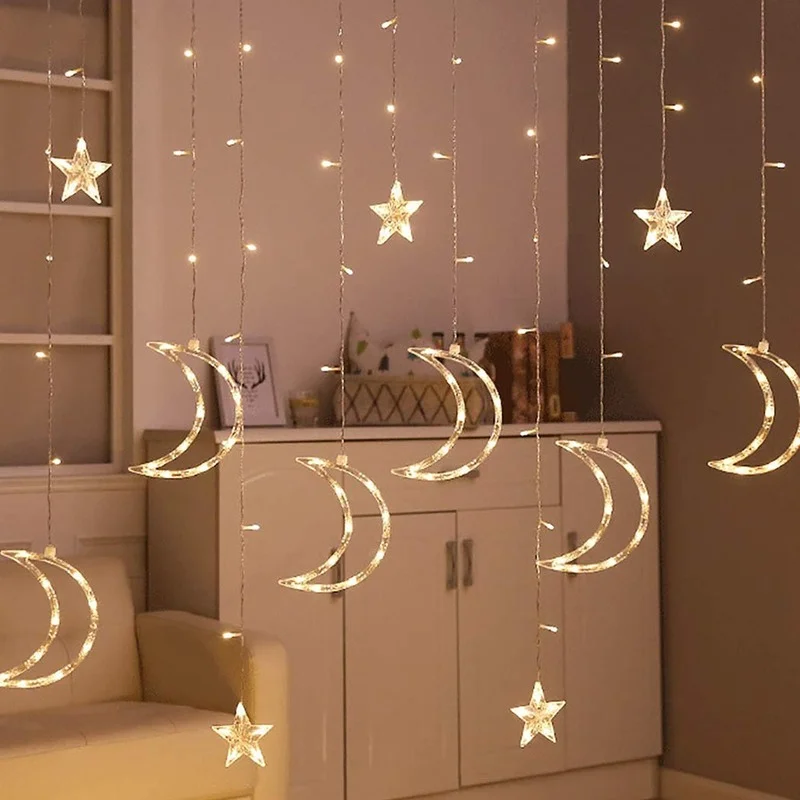 Curtain String Light Moon and Star EU/US Plug LEDs Fairy Lights Christmas Holiday Garden Party Indoor Decor for Home Bedroom