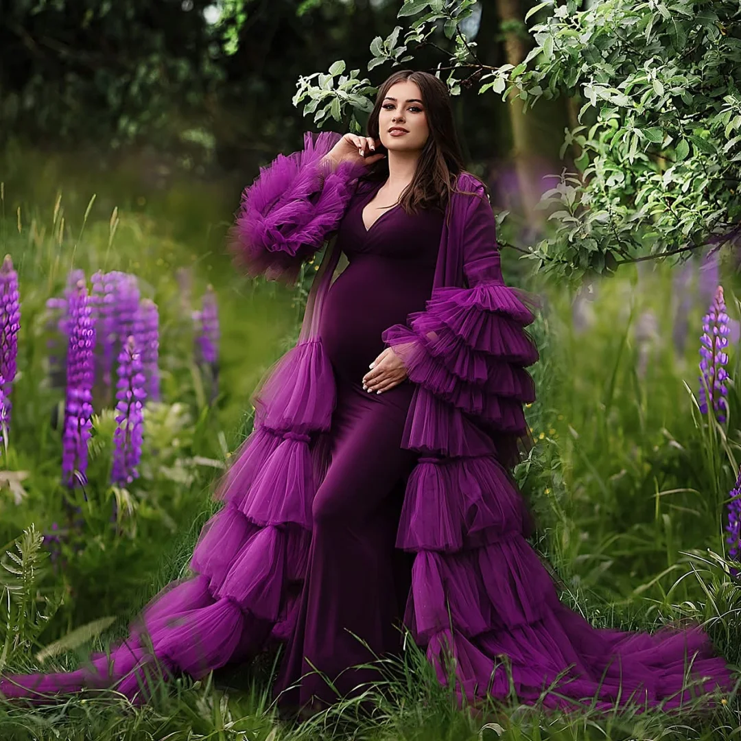 

Purple Prom Dresses 2 Pcs Maternity Photoshoot Dress Customized V Neck Bodycon vestido de novia Tulle Photography Props