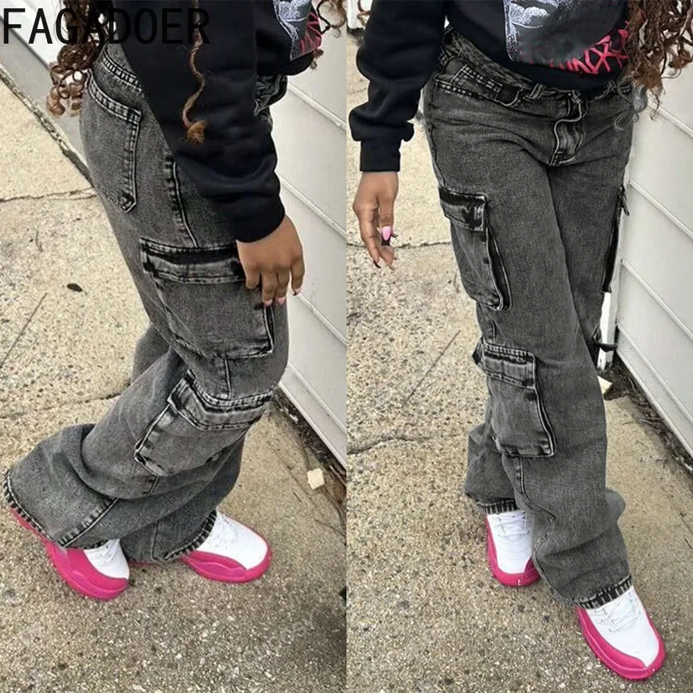 FAGADOER Retro Grey Denim Pants Womens Zipper High Waist Cargo Pocket Straight Jeans Female Y2K Streetwear Bottoms Autumn New