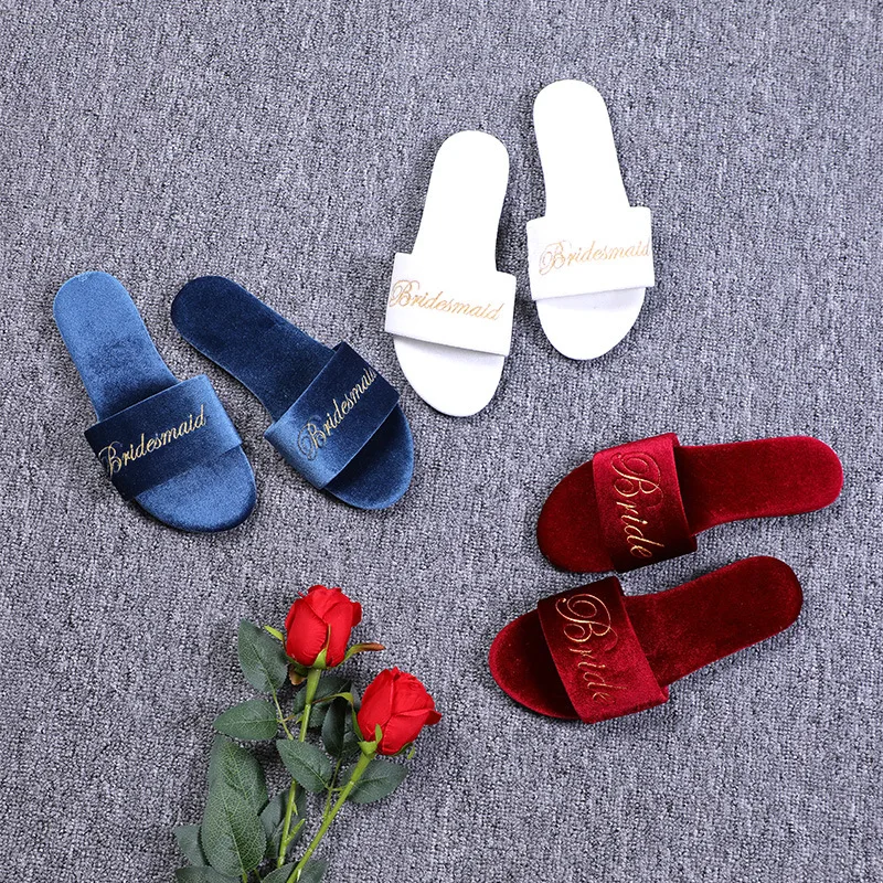 Autumn Winter Velvet Women Slippers Embroidery Bride Bridesmaid Wedding Flat Slippers Summer Shoes Sandal Zapatos De Mujer