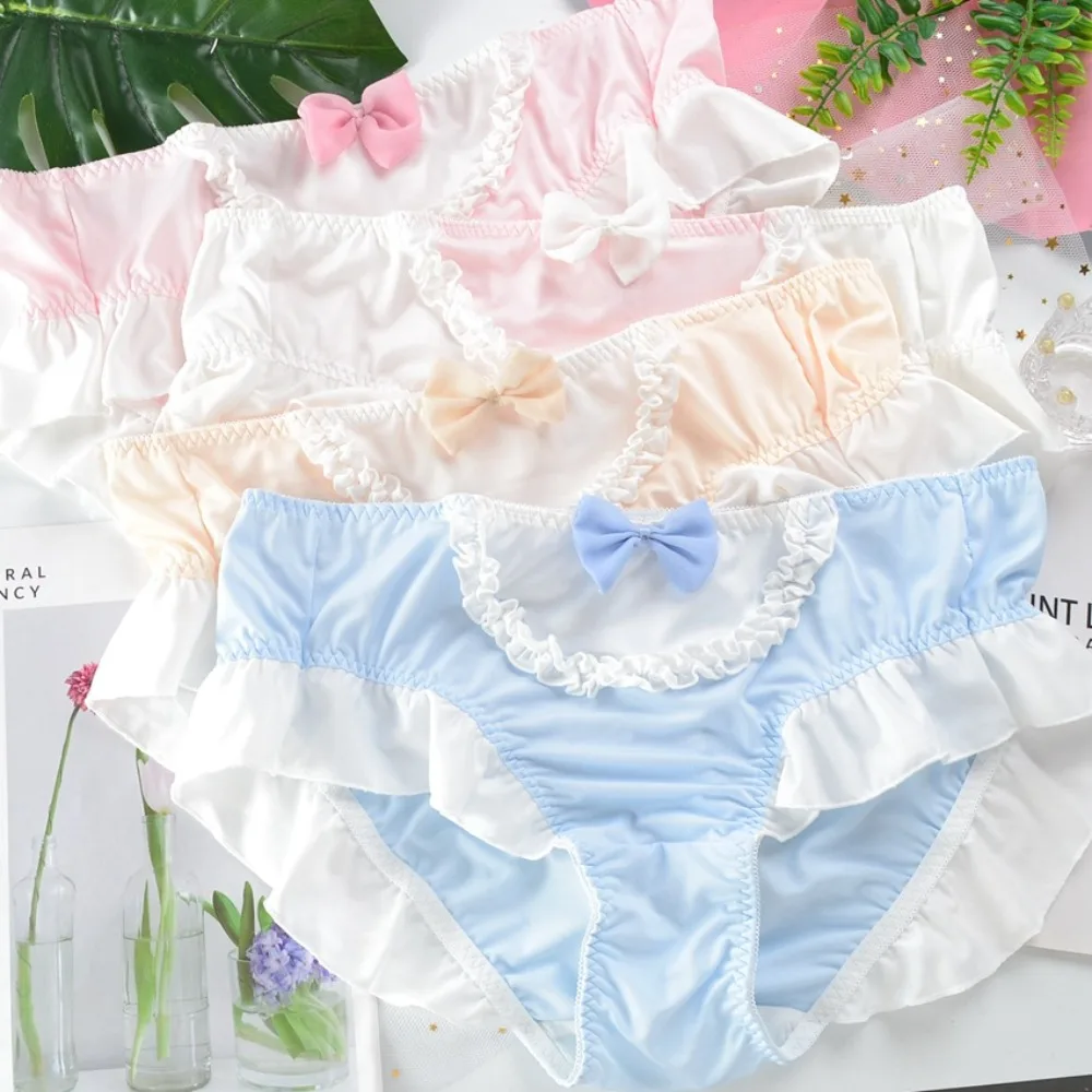 ผู้หญิงขนาดใหญ่ผ้าไหมน่ารักน่ารัก Sweety สไตล์ Bow Ruffles กางเกงความยืดหยุ่น Candy สีชุดชั้นในжё Ж옷