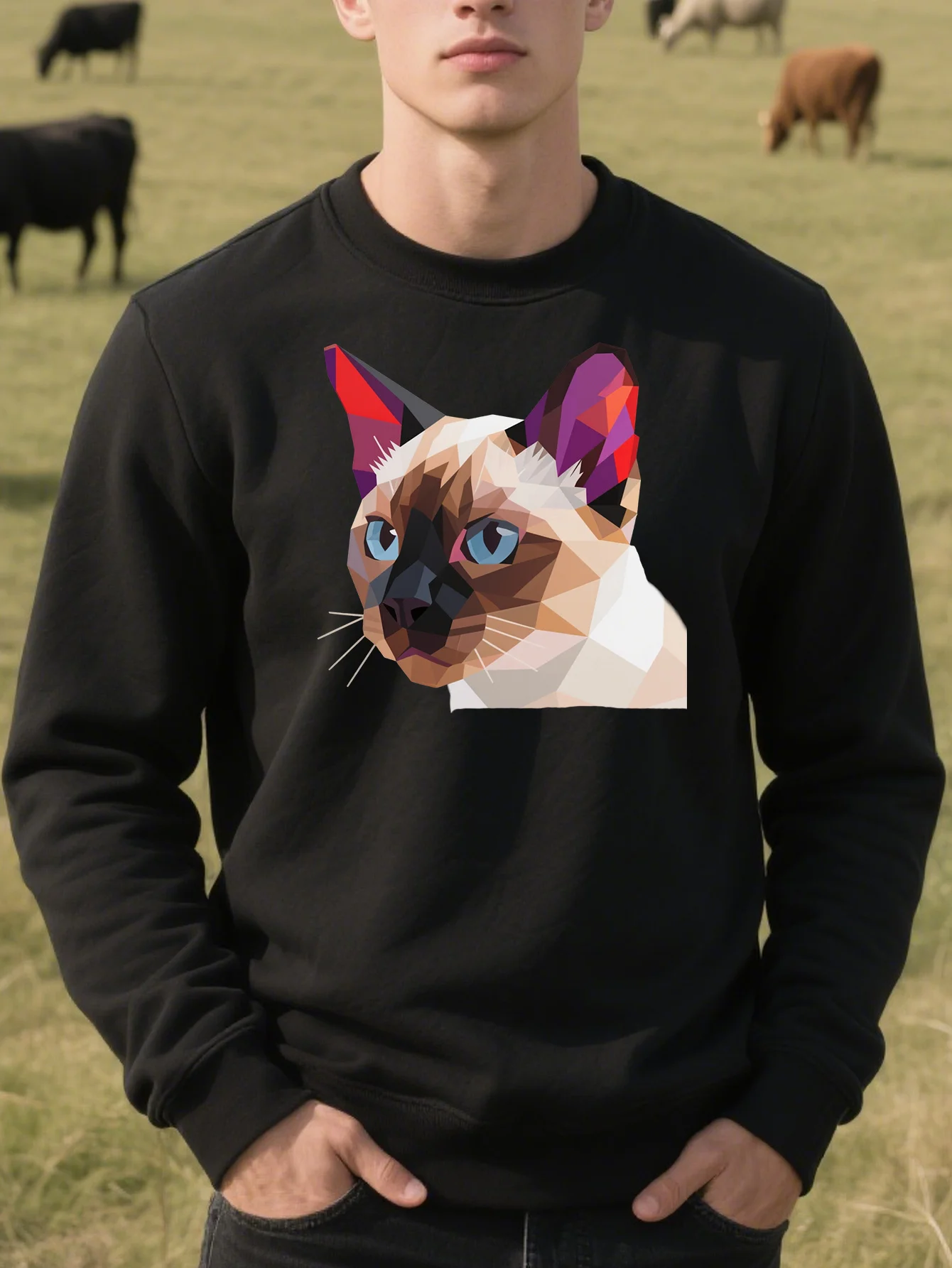 

Geometric Cat Graphic Print Autumn and Winter Men's and Women's Sweatshirts Casual Loose Outdoor Street Sports Training Brand