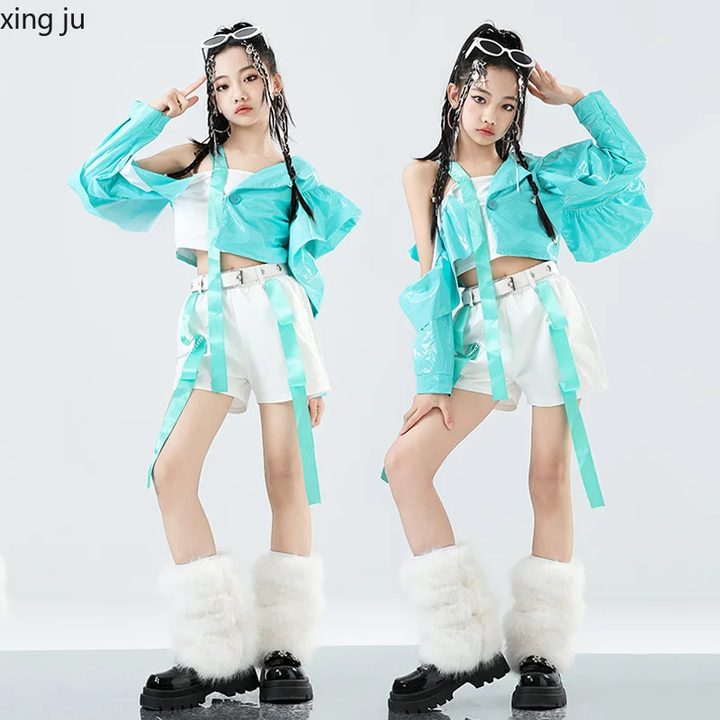 Xing Ju Jazz Dance Fashion Clothes Green Tops White Shorts Kpop Stage Outfits Runways Show Performance Costume Steetwear
