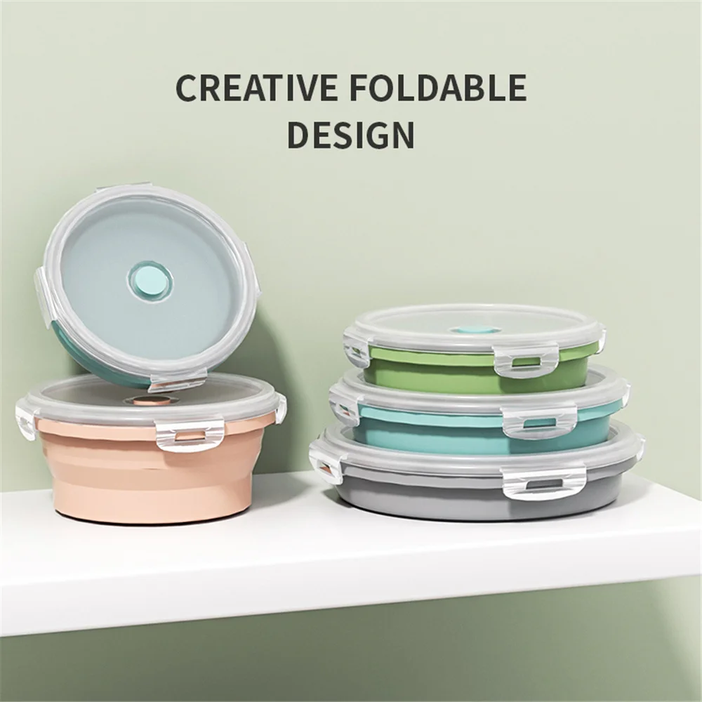 Round Silicone Folding Lunch Box Microwave Folding Bowl Portable Folding Food Container Box Salad Bowl With Lid