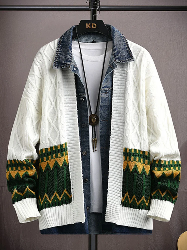 

Loose Fit Casual Knit Cardigan Jaet Men's Spring Autumn New Sle Denim Collar Open Front Sweater Fake Two-Piece Outerwear