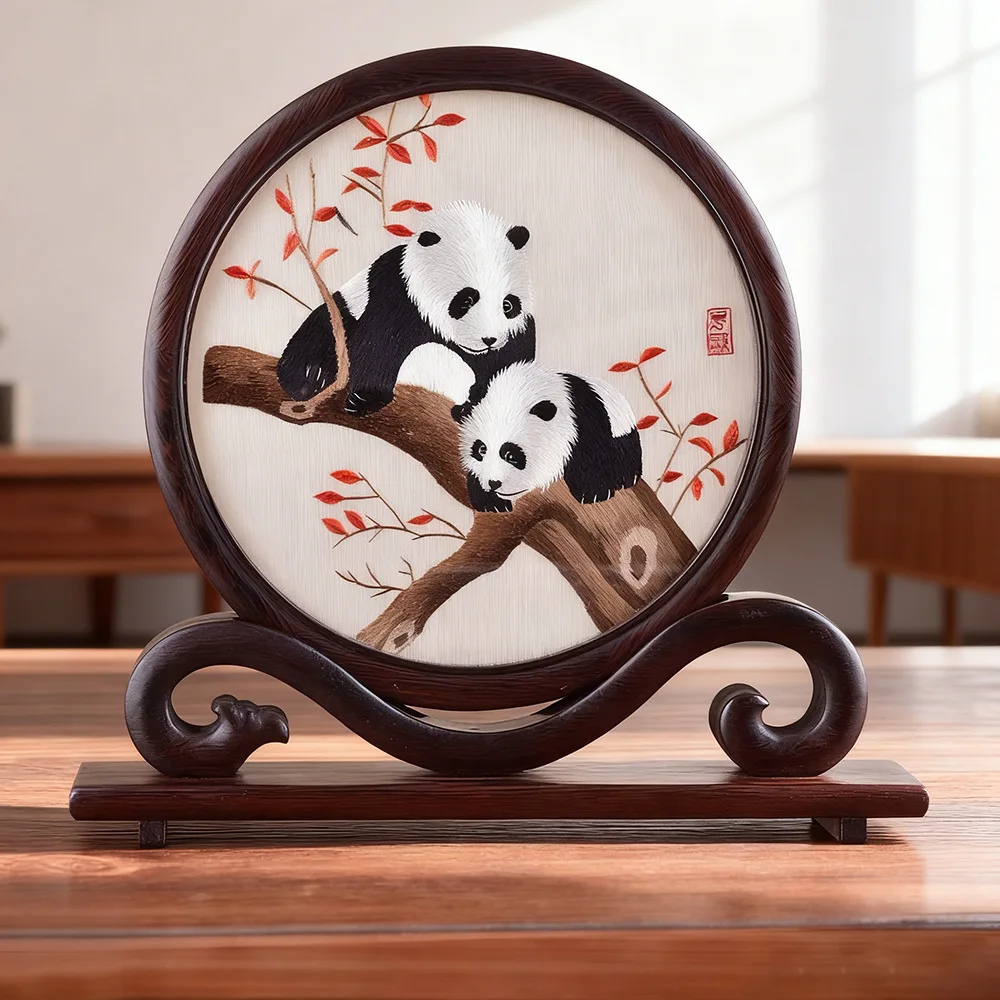 Shu Embroidery Double-Sided Panda Screen, Sichuan Souvenir Handmade Silk Gift